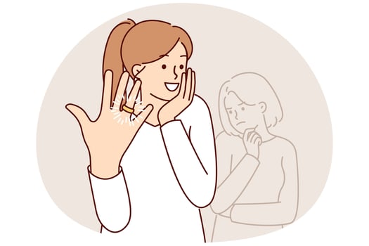 Woman feels delight showing wedding ring on finger after marriage proposal from boyfriend vector
