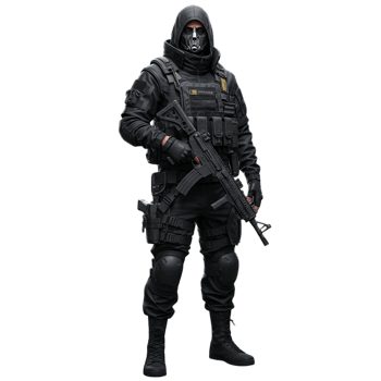 Standing Soldier Wearing Mask and Tactical Gear on Black png
