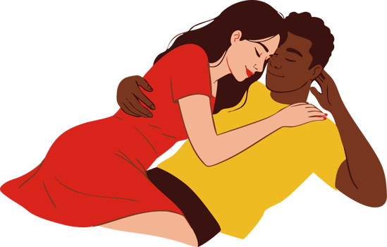 Couple embracing lying down resting together in red and yellow png