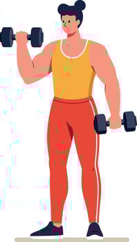Young man exercising with dumbbells in red pants and yellow tank top illustration vector