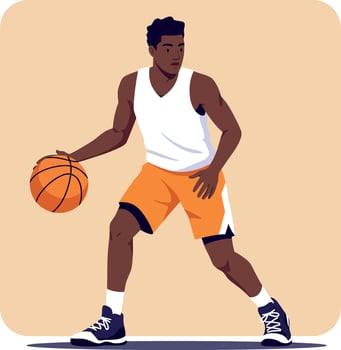 Basketball player dribbling ball in orange shorts and white tank top illustration vector