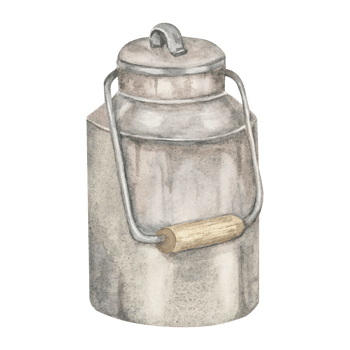 Metal milk can with wooden handle in gray and brown tones, watercolor clipart. Metal churn illustration. Ideal for packaging design, rustic-themed branding, farm signage, or kitchen textile patterns png