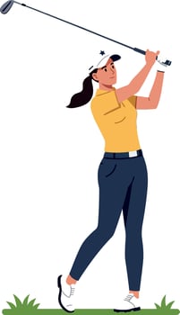 Female golfer swinging golf club on grass illustration in sporty outfit vector