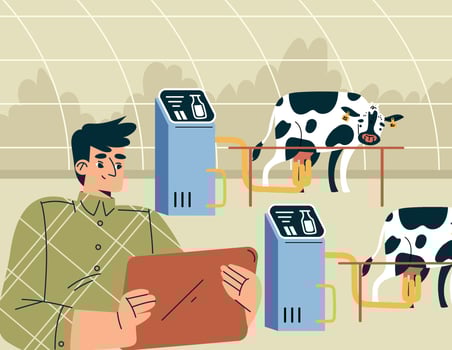 Modern Agriculture Equipment with Man Character Milk Cow Illustration vector