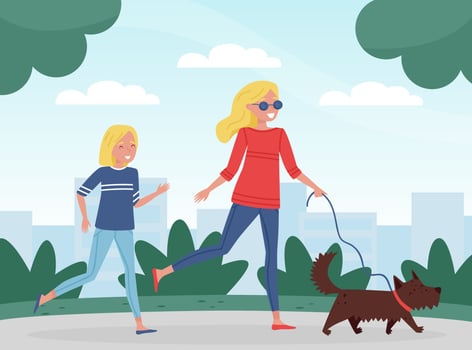 Mom Parent with Daughter Walking Dog Enjoy Life Illustration vector