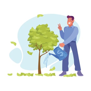 Rich Man Character Water Tree with Green Money Banknotes Illustration vector