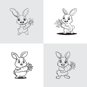 Cartoon Style Bunny Characters Holding Carrots, Fun Illustrations in Black and White vector