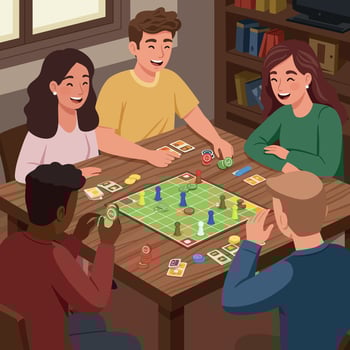Group of friends playing board game together at home with colorful pieces and cards vector