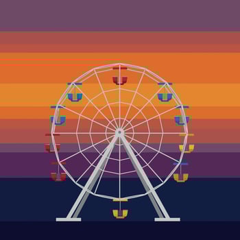 Ferris wheel amusement park ride with colorful cabins sunset background illustration vector