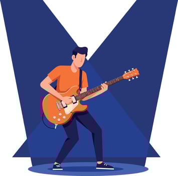 Male guitarist playing electric guitar on stage with blue spotlight illustration vector
