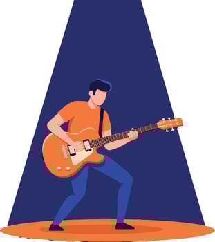 Male guitarist playing electric guitar on stage with spotlight and orange blue colors illustration vector