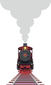 Vintage steam locomotive train with red accents on railway tracks illustration vector