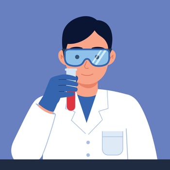 Scientist holding test tube in lab coat with safety goggles and gloves illustration vector