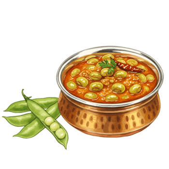 A watercolor bowl of cooked beans in a sauce with green pods and a red pepper on a plain colored surface on transparent background png