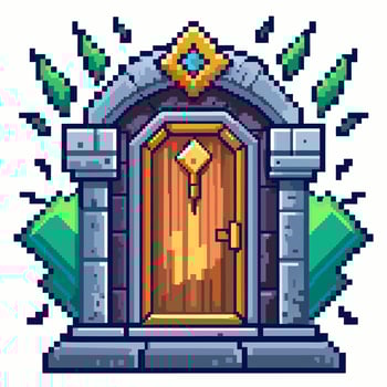 Pixel Art Fantasy Wooden Door 8 bit Magic Entrance with Green Crystals vector