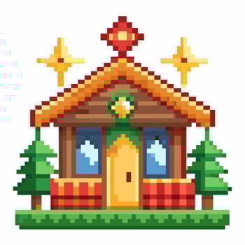 Pixel Art Christmas House with Decorations Festive Holiday Home vector