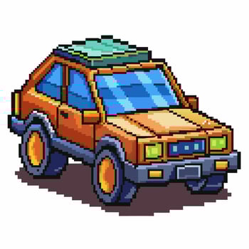Pixel Art Orange Car with Roof Rack on White Background Retro Style Illustration vector
