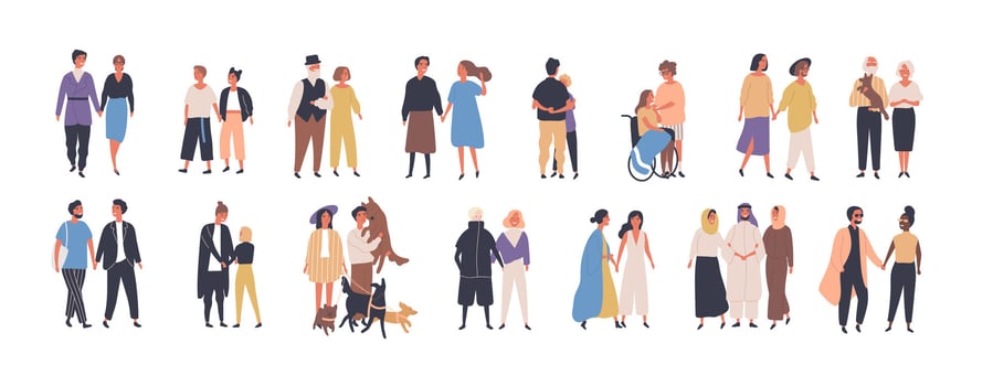 Collection of different types of romantic relationships and marriage - polygyny, interracial, lgbt and elderly couples isolated on white background. Love diversity. Flat cartoon illustration. vector