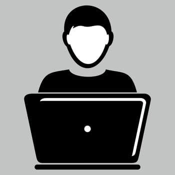 stylized black and white icon of a man at a laptop isolated on a white background vector