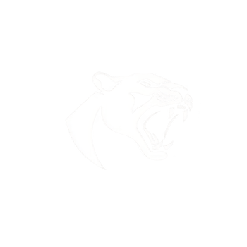 A fierce, stylized panther head logo in black and white, showcasing open mouth and sharp teeth, set against solid transparency background. design conveys strength and power png