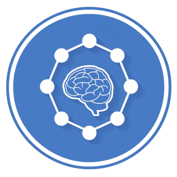 A blue circular icon features brain symbol at its center, surrounded by network of connected dots, representing concepts of intelligence and connectivity png