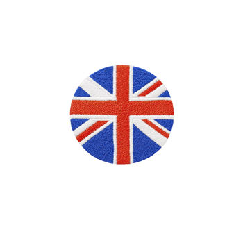 A round patch featuring Union Jack flag of United Kingdom, showcasing vibrant red, white, and blue colors. patch is embroidered, symbolizing national pride and identity png