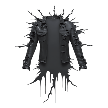 A black leather jacket with glossy finish is displayed against splattered paint background, creating dynamic and edgy visual effect. jacket features multiple pockets and sleek design png