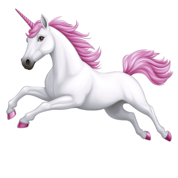A majestic white unicorn with pink mane and tail leaps gracefully, exuding sense of magic and wonder. Its horn glistens, adding to enchanting aura of this mythical creature png