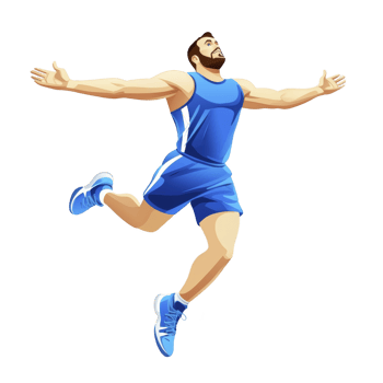 A joyful athlete in blue sports outfit leaps with arms outstretched, embodying freedom and energy. dynamic pose and vibrant colors convey sense of triumph and vitality png