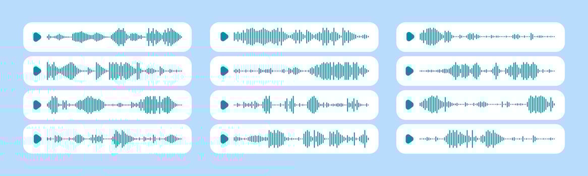 Audio waveform collection on blue background with play buttons vector