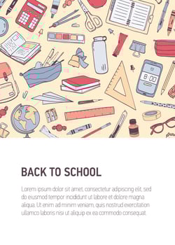 Back To School vertical flyer or poster template with place for text and decorated by pattern or texture with stationery. Colorful trendy illustration for 1st of September, education event. vector