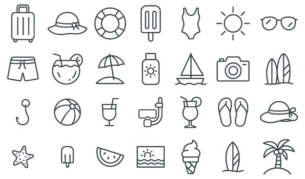 Minimalist summer vacation icons representing travel, leisure, and beach activities outline style vector