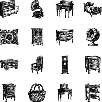 Set of Home Furniture Vintage Illustrations vector