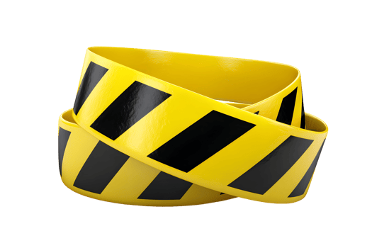 Yellow and black striped caution tape roll, coiled. Danger warning signal, safety precaution, barrier png
