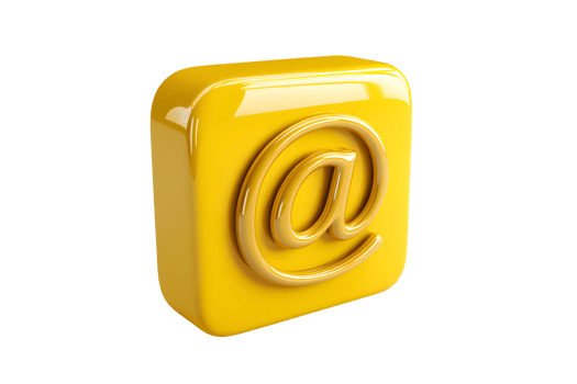 Glossy yellow cube with light brown at symbol, elevated on a transparent background. Bold icon, graphic design element png