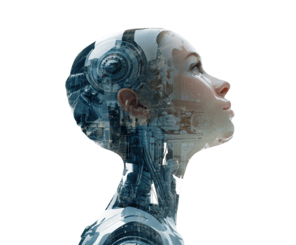 Futuristic concept of a robotic woman with urban architecture png