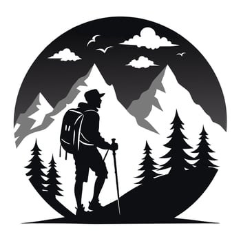 Hiker silhouette ascending mountain trail with backpack and hiking poles illustration vector
