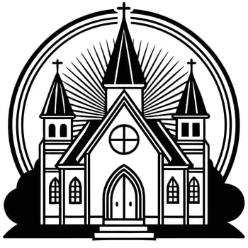 Silhouette illustration of a church building with cross and sun rays vector
