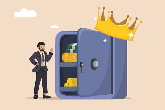 Saving King a businessman with a crown on a safe full of money. vector