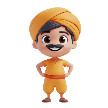 Cheerful cartoon character dressed in traditional attire with a turban standing confidently in a vibrant setting png