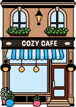 Charming illustrated cafe storefront with arched windows, hanging lights, potted plants, and a striped blue awning. Ideal for cafe designs and cozy lifestyle stickers. png