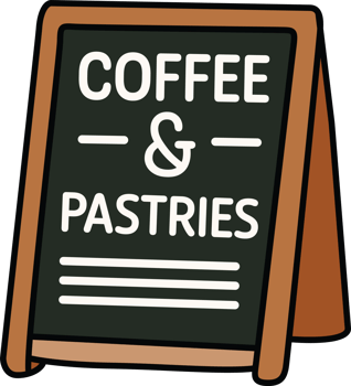 Charming coffee shop signboard with text Coffee and Pastries in a modern, minimal flat style. Ideal for cafe themed stickers, menus, or decor. png