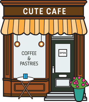 Adorable cafe storefront with striped awning, coffee sign, open door, and patio table. Perfect for cozy cafe themes, food stickers, or small business designs. png