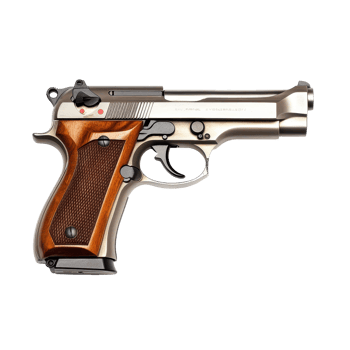 Classic stainless steel handgun with wooden grip displayed on a neutral background highlighting its design features and craftsmanship png