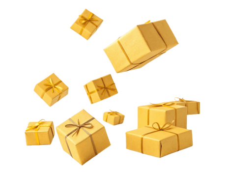 Golden gift boxes with elegant ribbons float gracefully in air creating festive atmosphere png