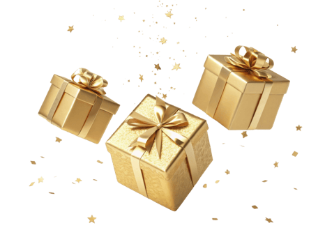 Golden gift boxes with ribbons and scattered stars create festive atmosphere png