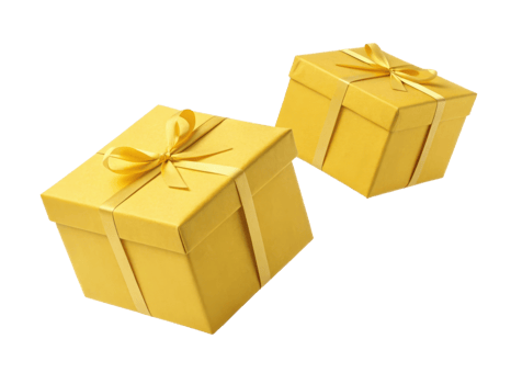 Two yellow gift boxes with elegant ribbons create cheerful and festive atmosphere png