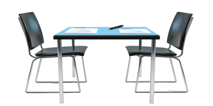Empty meeting room with blue table, two chairs, pen and contract documents Concept of business negotiation, agreement, and legal paperwork png