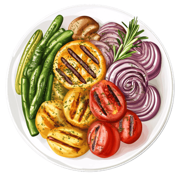 Colorful grilled vegetables featuring tomatoes, onions, potatoes, green beans, and mushrooms on a white plate Concept of healthy eating, vegetarian, and vegan cuisine png