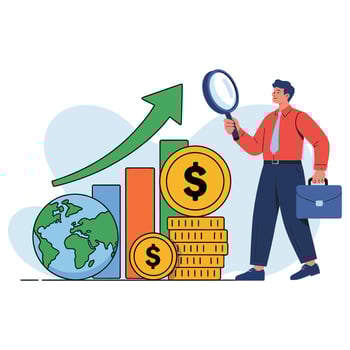 Businessman with magnifying glass and coin money growth chart illustration vector